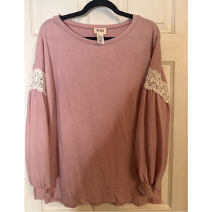 Women's BiBi Pink Long Sleeve Tee with White Lace Detail, Size S
